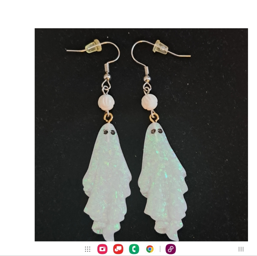 Ghost Earrings Holograph Iridescent Lotus Carved White Jade Beads Drop Handmade